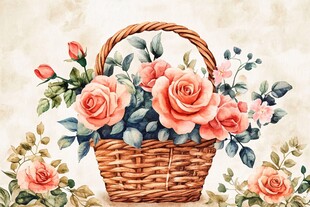 篮中粉玫插画