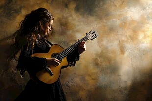 弹奏吉他的优雅长发女子