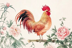 公鸡立于牡丹花枝间