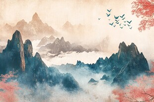 水墨山水间飞鸟伴红树