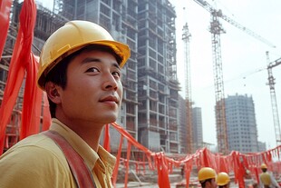 工地青年工人的专注瞬间