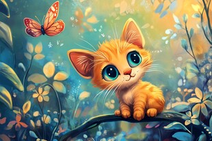 橘猫在花丛中与蝴蝶相伴