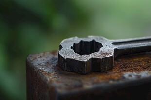 生锈扳手置于斑驳铁块上