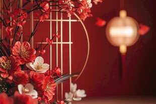 中式红墙前的繁花与灯笼