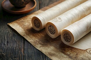 古雅卷轴置于古朴桌面上