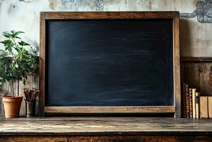 复古黑板置于木质桌面上