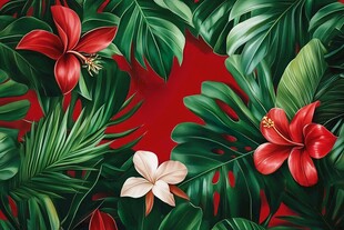 热带花卉绿植红色背景图