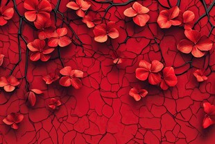 红色裂纹背景上的艳丽花朵