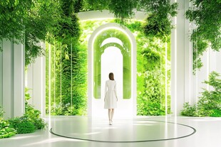 女子漫步于绿植环绕的空间