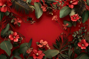 红底花卉绿叶装饰边框