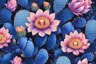 梦幻蓝紫仙人掌花卉图案