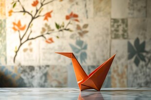 橙色折纸鹤于多彩背景前