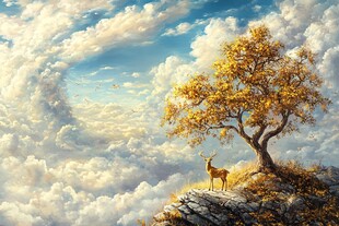 云端孤树旁的小鹿奇幻景
