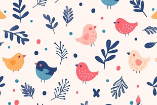可爱小鸟与枝叶无缝图案
