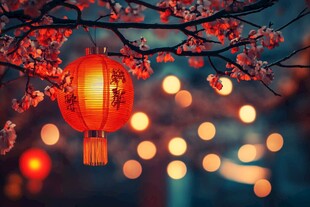 红灯笼映繁花夜景