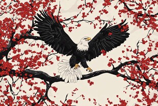 展翅雄鹰栖于繁花枝头