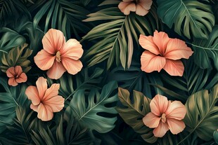 热带花卉与绿叶装饰图案