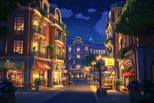 梦幻夜景中的欧式风情街道