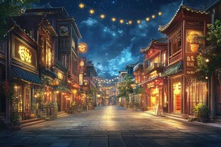 古风夜景街道 灯火阑珊处