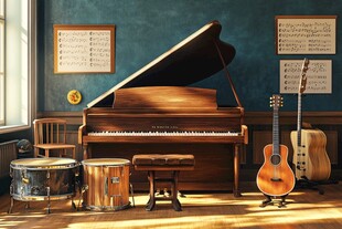 复古乐器装点的温馨音乐角