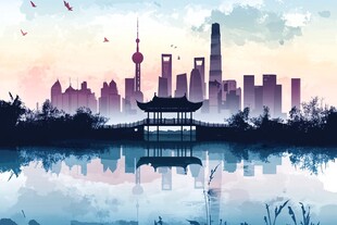 水墨风上海城市湖畔景致