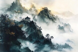 水墨山水间的古韵楼阁