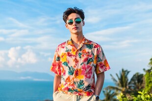 海边花衬衫型男时尚风采