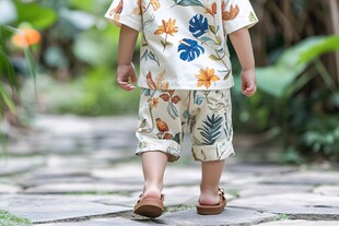 宝宝穿着花衣漫步小径