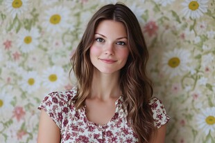 花墙前微笑的碎花裙女子