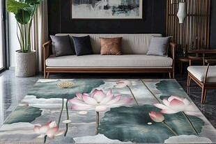 中式客厅的水墨荷花地毯