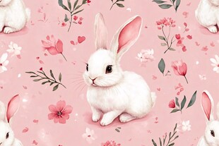 粉色花丛中的可爱白兔
