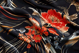 黑底花卉丝绸布料纹理