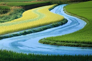 蜿蜒河流穿行黄绿田野