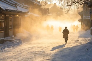 雪后古巷中行人的温暖光影