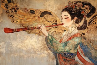 古风仙女吹奏长笛图