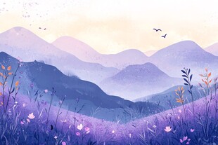 紫色山间花海梦幻风景