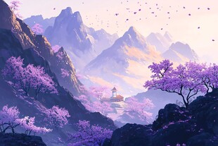 梦幻紫山景中的诗意小筑