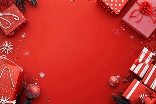 圣诞红背景下的精美礼品