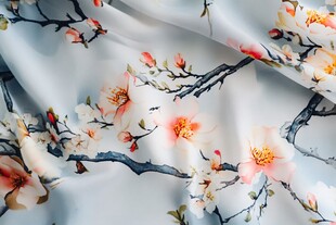 水墨桃花丝绸面料