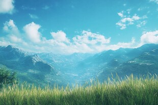 青山蓝天间的葱郁草地