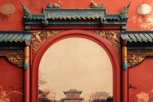 中式古典拱门与远处楼阁