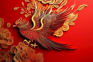 金凤凰于红花间展翅