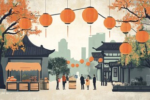 古风街巷灯笼下的热闹场景