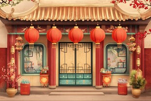中式古宅门前喜庆灯笼景