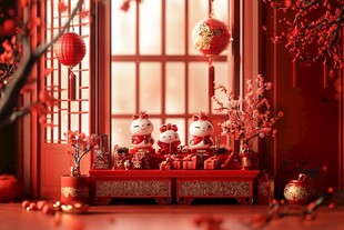 喜庆中式场景中的招财猫摆件