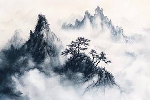 水墨山水间的孤松屹立