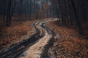秋日林间蜿蜒泥泞小路
