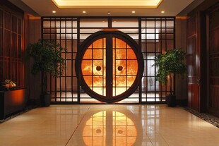 中式典雅大厅的圆门景致