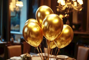 金色气球装点精致宴会桌