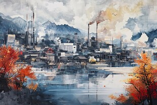 秋日河畔工业城镇景象